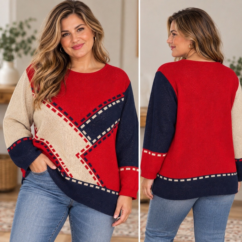 Vintage BFA Classics Sweater Red Navy Geometric Colorblock 90s Retro USA Made 2X
